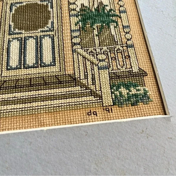 Vintage Cross Stitch Victorian House With Ferns Signed Dated - Picture 5 of 11